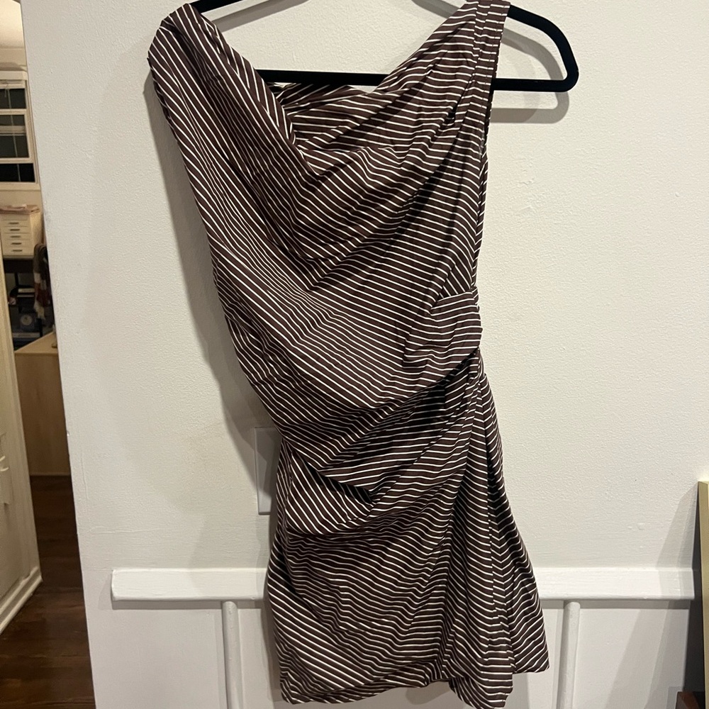 STAUD One-Shoulder Brown Striped Dress - Picture 8 of 13